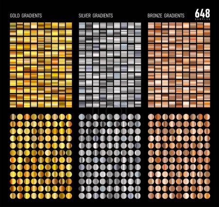 Illustration for Mega set of Gold, Silver, Bronze gradients. Big collection of colorful gradient illustrations for backgrounds, cover, frame, ribbon, banner, coin, label, flyer, card, poster, ring etc. Vector template - Royalty Free Image