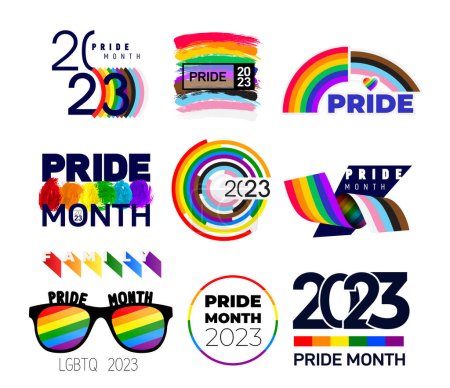 Conjunto de Orgullo LGBTQ + icono. Símbolos relacionados con LGBTQ + en color arco iris Bandera del orgullo, Paz, Arco iris, Corazón, Amor, Gafas de sol, Símbolos de libertad. Mes del Orgullo Gay. Signos de diseño plano. Ilustración vectorial.