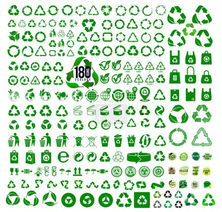Gran conjunto de 170 iconos de la ecología. Icono de reciclaje. Símbolos y signos para el diseño de productos de embalaje, información sobre las mercancías que se transportan y un signo de reciclaje. Ilustración vectorial.