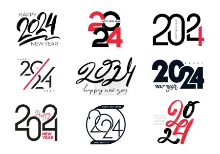 Conjunto de concepto de diseño de logotipo tipografía 2024. Feliz año nuevo diseño del logotipo 2024. Plantilla de diseño. Símbolos de Navidad 2024 Año Nuevo. Vector con logotipo de etiquetas negras para diarios, cuadernos, calendarios.