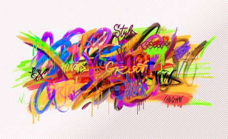 Téléchargez les illustrations : Typographie vectorielle urbaine graffiti street art. Impression Slogan avec effet spray pour tee-shirt graphique, design de tissu, papier cadeau, vêtements bébé, textiles, cartes. Graffiti street art tags motif vectoriel. - en licence libre de droit