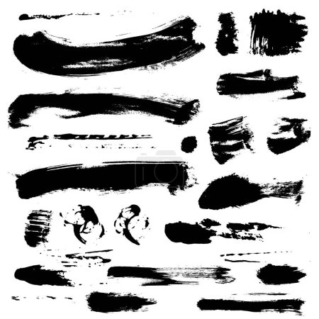 Set of burst brush strokes. Collection of exploding shape of painted black text boxes. Hand painted explosion. Grunge design elements. Dirty distress texture. Vector illustration.