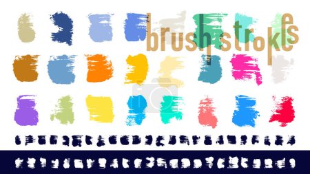 Brush strokes. Set of vector paintbrush. Grunge design elements. Rectangle text boxes. Template dirty distress texture banners. Colored ink splatters. Grungy black and white painted objects.
