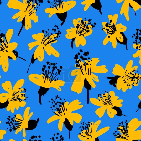 Illustration for Seamless hand drawn abstract ditsy flowers pattern on blue. Repeating floral pattern. Ditsy print in calico shabby chic. Abstract cute mono retro flowers and leaves seamless vector pattern. - Royalty Free Image