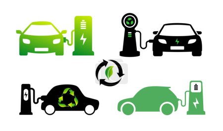 Illustration for Set of Electric car icon electric car with charging station logo EV car hybrid and electric vehicles. Vector electricity illustration. Eco friendly electro auto concept. Green and black symbols. - Royalty Free Image