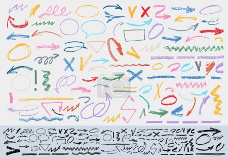 Charcoal Pencil Curly Lines, Squiggles and Shapes. Grunge Pen Scribbles Set. Hand Drawn Pencil Lines, Doodles. Bright Color Charcoal or Chalk Drawing. Vector Rough Crayon Strokes. Ink Color Splatters.