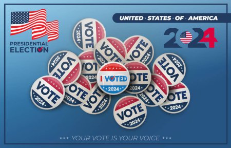 Presidential election 2024 button in focus in between many other buttons in a box. I voted badge. Vector element design. Election day United States of America Vote day, November 5.