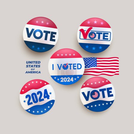 Präsidentschaftswahl 2024, roter, blauer Stimmvektorknopf gesetzt. Collection of Vote, Abzeichen im amerikanischen Stil, Farbe und Design. Abzeichen isoliert auf weißem Hintergrund. Vektorillustration.