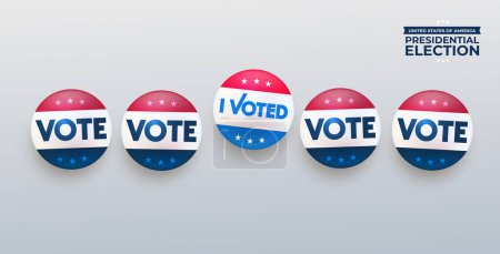 2024 Élection présidentielle, boutons vectoriels rouges, bleus et blancs. Votez, j'ai voté, divers badges dans le style américain, la couleur et le design. J'ai voté insigne isolé sur fond blanc. Illustration vectorielle.