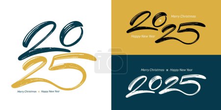 Frohes Neues Jahr 2025 Schriftzug Logos. Die Zahlen werden von Hand mit einem Pinsel gezeichnet. Vektorillustration mit schwarzen, goldenen und weißen Zahlen 2025. Vorlage für Logos zum Neujahrsfest. Symbole für das neue Jahr 2025.