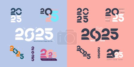 Set of 2025 Happy New Year logo modern text design. Trend Happy New Year 2025 with unique number logo. 2025 Celebration banner template for social media post, calendar and cover. Vector illustration.