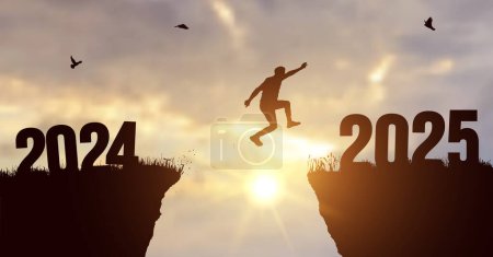 A young man jump between 2024 and 2025 years. Concept vector illustration over the sun and through on the gap of hill silhouette evening colorful sky. Vector illustration. Welcome Happy new year 2025.