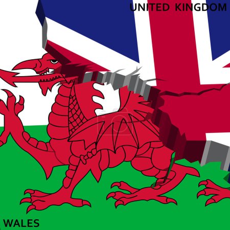 Illustration for Vector illustration of the division of United Kingdom of Great Britain and Wales independent states, severance of relations, secession, gap crack flags symbol - Royalty Free Image