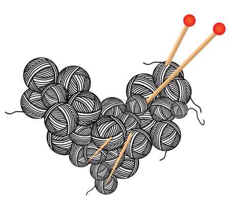 Balls of wool and knitting needles. Shape of a heart. Engraving Vector illustration.