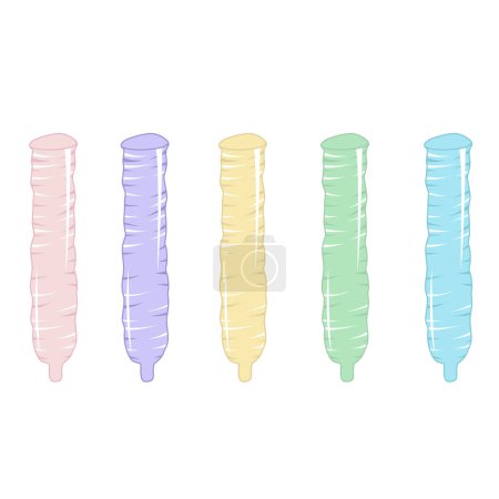 Illustration for Different types condoms. Realistic items for prevention sexually transmitted diseases and unwanted pregnancy, latex objects various forms and colors, vector isolated set - Royalty Free Image