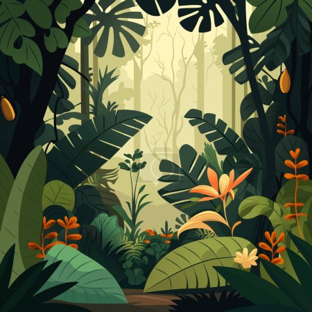 Jungle tropical rainforest. Tropical leaves, foliage, flowers and plants in the forest. Vector illustration