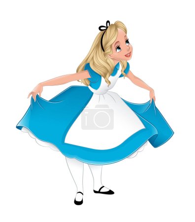 Alice aus dem Wunderland verneigt sich in einem Kleid. Vektorillustration