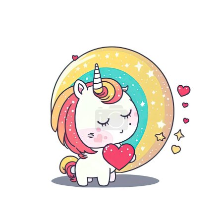 Foto de A cute chibi illustration of a unicorn holding a  heart close to the moon, a cute illustration perfect for journals and stickers - Imagen libre de derechos
