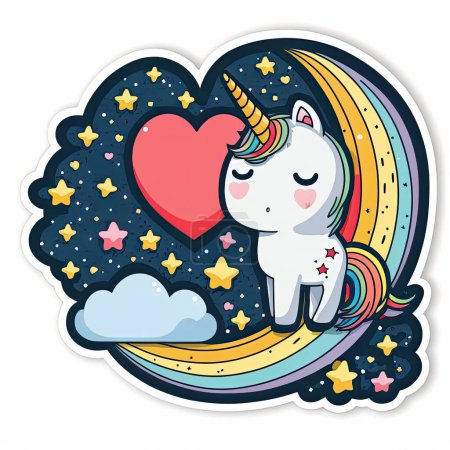 Foto de A cute sticker of a chibi unicorn with the moon, hearts, stars and decorative elements. Perfect for journals - Imagen libre de derechos