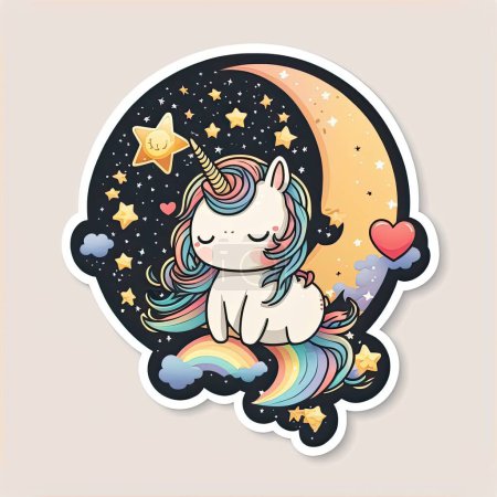 Foto de A cute sticker of a chibi unicorn with the moon, hearts, stars and decorative elements. Perfect for journals - Imagen libre de derechos