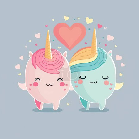 Foto de A couple of cute funny chibi unicorn in love, perfect illustration for valentine's day, cards, greetings, stickers and journals - Imagen libre de derechos