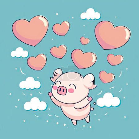Foto de Illustration of cute and funny flying pigs, a perfect illustration for children, cards, stickers, greetings, valentine's day, journals - Imagen libre de derechos