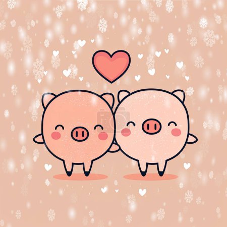Foto de Two happy pigs in the snow, illustration perfect for valentine's day cards, greetings, holidays, celebrations, journals and stickers - Imagen libre de derechos