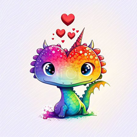 Foto de Illustration of a chibi funny rainbow dragon with hearts, perfect for valentine's day cards, greetings, holidays, celebrations, journals and stickers - Imagen libre de derechos