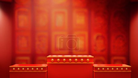 Photo for Pedestal for product showcase in the room with a Chinese pattern on the wall. - Royalty Free Image