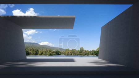 Foto de Space for products showcases in the concrete hallway with a pond and mountain background. - Imagen libre de derechos