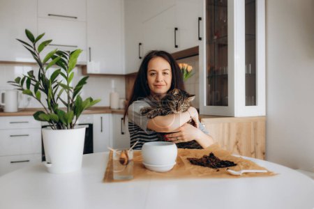 Photo for A young woman with a cat in the kitchen plants a vase in a pot - Royalty Free Image