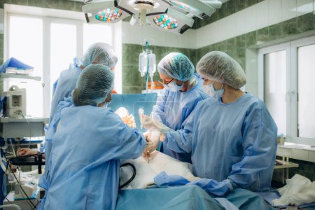 Foto de Cirujanos que perfeccionan la operación quirúrgica de la cesárea abdominal durante el parto en el quirófano de la clínica
. - Imagen libre de derechos
