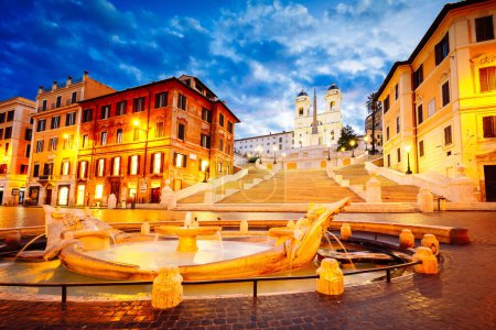 Photo for Spanish Steps with flowing boat fountain illuminated at night, Rome, Italy - Royalty Free Image