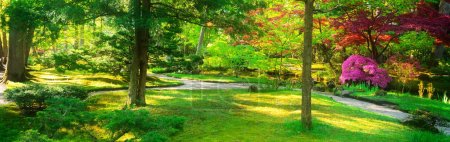 Foto de Green grass lane and blooming trees in Japanese garden in La Haya, Países Bajos, retro toned - Imagen libre de derechos