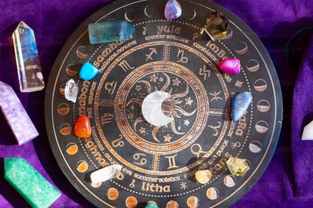 Photo for Gemstones for zodiac signes, minerals over life flower chart. Magic healing Rock for Reiki Crystal Ritual, Witchcraft, spiritual esoteric practice - Royalty Free Image