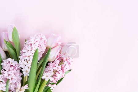 Easter scene with fresh tulips and hyacinth flowers over pink background, copy space