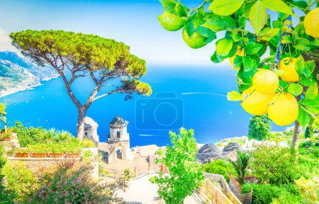 Photo for Belltower in Ravello village with sea view, Amalfi coast of Italy - Royalty Free Image