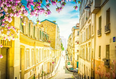 Foto de Vista de la calle empinada en el barrio de Montmartre en París, Francia. Acogedor paisaje urbano de París en primavera con flores, arquitectura y monumentos de París - Imagen libre de derechos