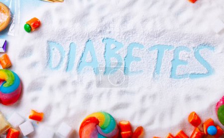 Foto de Dulces con azúcar, marco plano con la palabra diabetes - Imagen libre de derechos