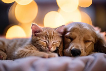 Foto de Lindo gatito y cachorro durmiendo juntos - Imagen libre de derechos