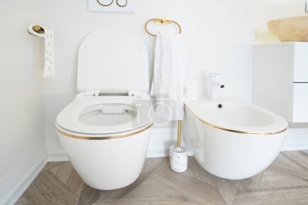 Modern white wc and bidet bowl in bathroom toilet close up