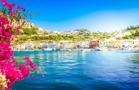 Marina Grande embankment of Capri island with flowers, Italy
