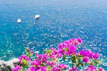 Bright flowers and sea, Beautiful details of Amalfitana at summer, Amalfi coast Italy