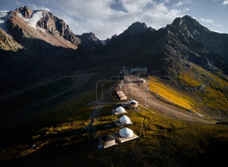 Photo for Aerial panorama landscape of the mountain valley with glacier and yurt resort at Skymbulak in Almaty, Kazakhstan. Outdoor and hiking concept - Royalty Free Image