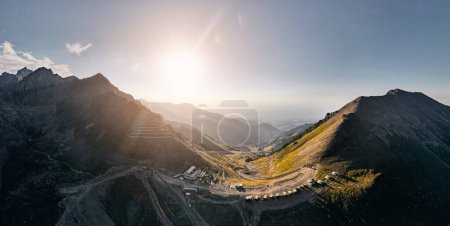 Photo for Aerial panorama landscape of the mountain valley with glacier and yurt resort at Skymbulak in Almaty, Kazakhstan. Outdoor and hiking concept - Royalty Free Image