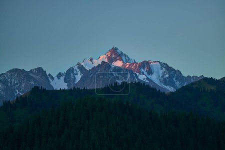 Photo for Beautiful glowing sunrise scenery of the mountains summit with forest spruce in Almaty, Kazakhstan. Outdoor and hiking concept - Royalty Free Image