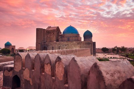 Exterior of Mausoleum of Khoja Ahmed Yasavi in the city of Turkestan ancient building and city wall at South Kazakhstan