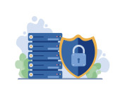 Vector illustration, server with data protection shield. This symbolizes the protection and security of data on the server. Stickers #646871922