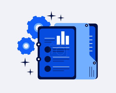 Illustration for Financial expert or advisor, corporate strategy, and business training. Vector illustration depicts a file folder with mechanical gears. - Royalty Free Image