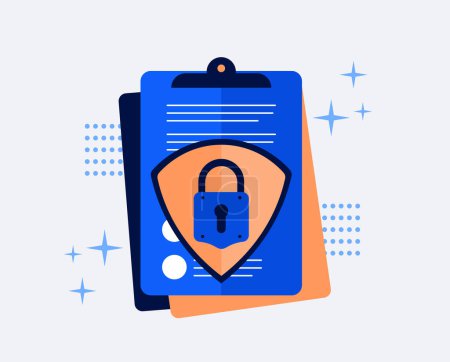 Shield with padlock on the paper with personal data security protection. Flat style. Vector design element